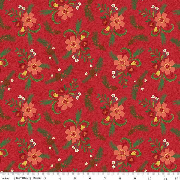 Image of In From the Cold Main Red by Riley Blake Designs. Features a clustered floral pattern with pinecones, flowers, leaves, and sprigs of pine on a red background. 
Cute Little Fabric Shop