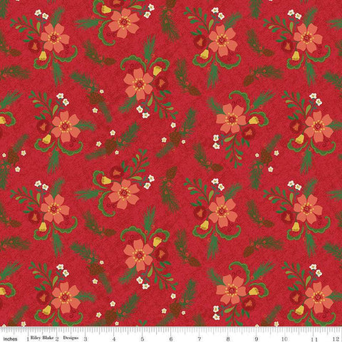 Image of In From the Cold Main Red by Riley Blake Designs. Features a clustered floral pattern with pinecones, flowers, leaves, and sprigs of pine on a red background. 
Cute Little Fabric Shop