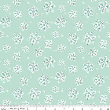 Image of the Flannel Snowflakes Songbird quilting cotton fabric by Riley Blake Designs. Features snowflakes on a blue background. Cute Little Fabric Shop