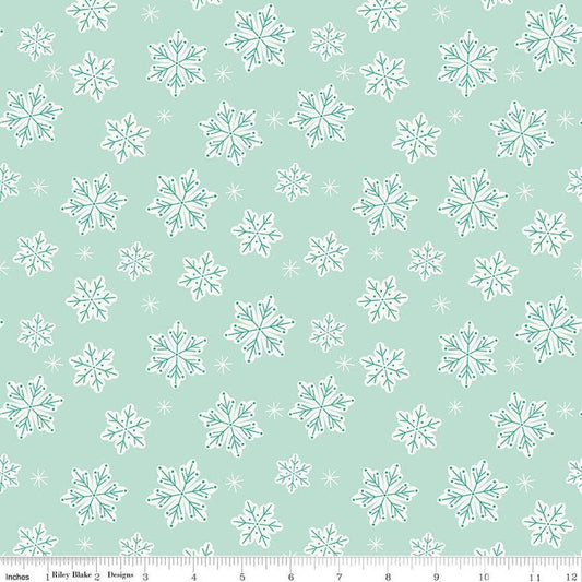 Image of the Flannel Snowflakes Songbird quilting cotton fabric by Riley Blake Designs. Features snowflakes on a blue background. Cute Little Fabric Shop