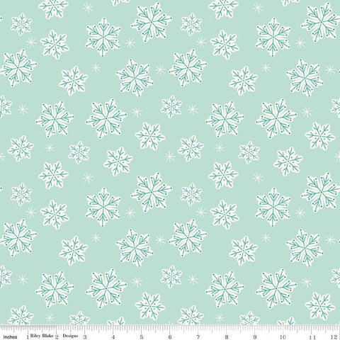 Image of the Flannel Snowflakes Songbird quilting cotton fabric by Riley Blake Designs. Features snowflakes on a blue background. Cute Little Fabric Shop