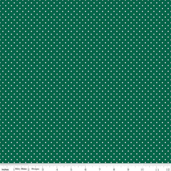 Image of the Flannel Swiss Dot Green quilting cotton fabric by Riley Blake Designs. Features swiss dot on a green background. Cute Little Fabric Shop