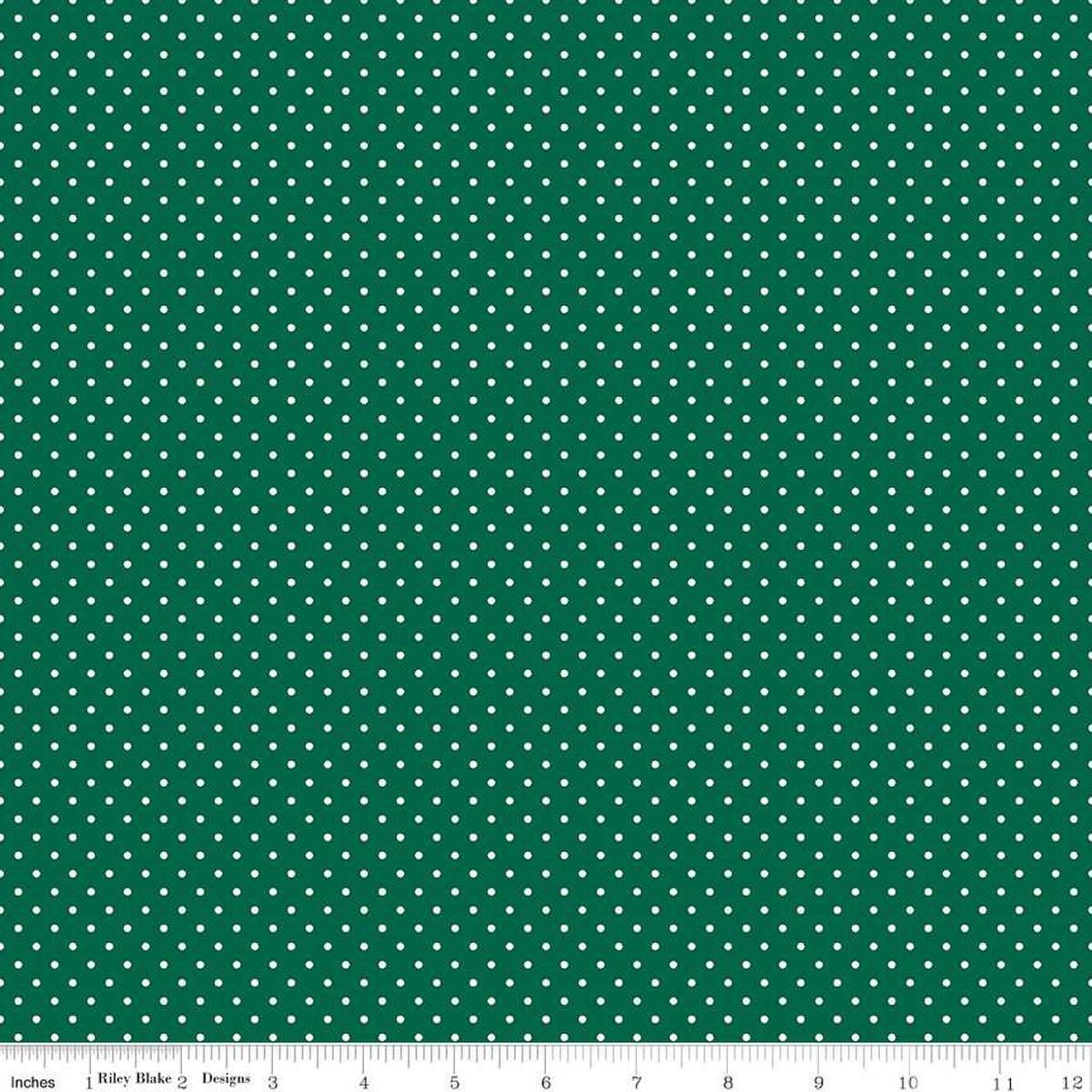 Image of the Flannel Swiss Dot Green quilting cotton fabric by Riley Blake Designs. Features swiss dot on a green background. Cute Little Fabric Shop