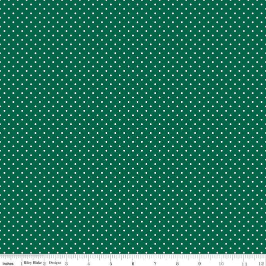 Image of the Flannel Swiss Dot Green quilting cotton fabric by Riley Blake Designs. Features swiss dot on a green background. Cute Little Fabric Shop