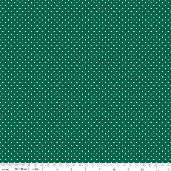 Image of the Flannel Swiss Dot Green quilting cotton fabric by Riley Blake Designs. Features swiss dot on a green background. Cute Little Fabric Shop