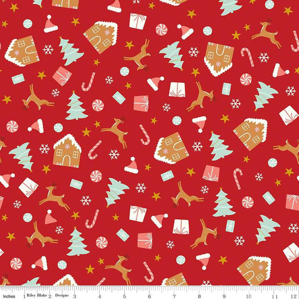 Image of the Flannel Christmas Icons Red quilting cotton fabric by Riley Blake Designs. Features icons on a red background. Cute Little Fabric Shop