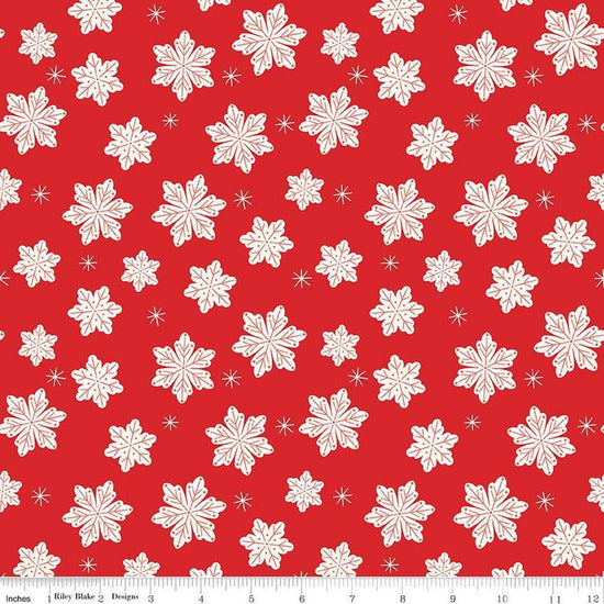 Image of the Flannel Snowflakes Red quilting cotton fabric by Riley Blake Designs. Features snowflakes on a red background. Cute Little Fabric Shop
