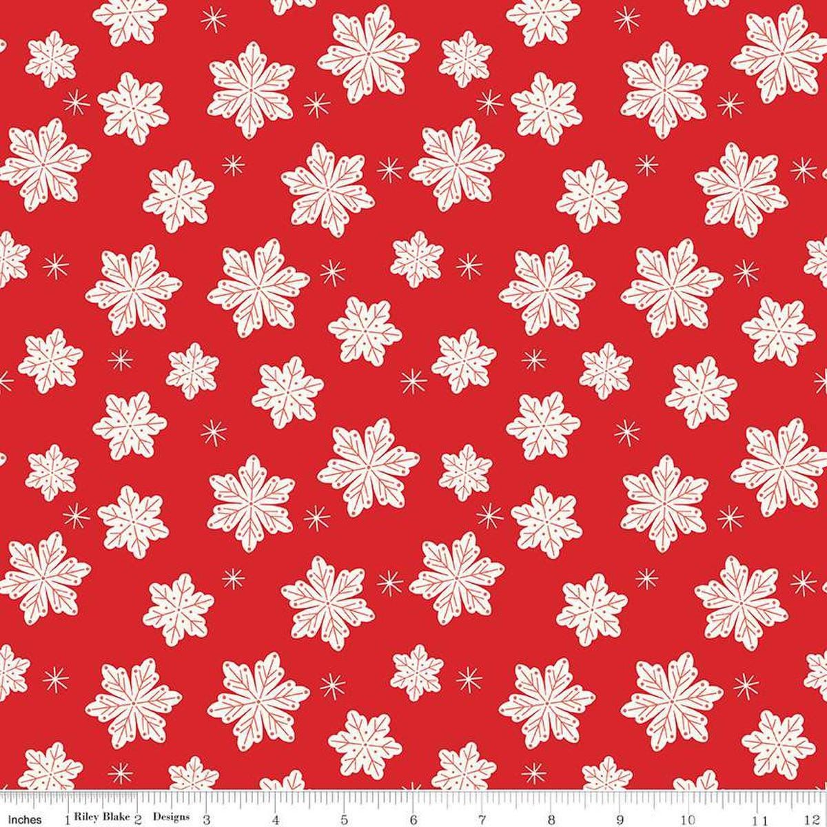 Image of the Flannel Snowflakes Red quilting cotton fabric by Riley Blake Designs. Features snowflakes on a red background. Cute Little Fabric Shop