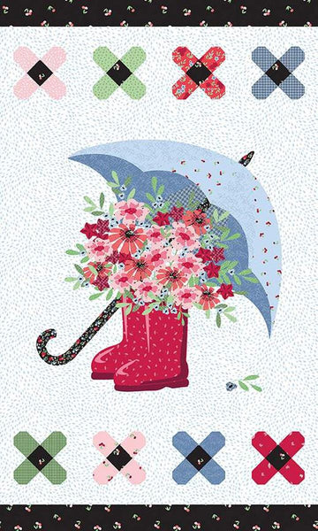 Cloudburst Panel P16188 by Riley Blake - Umbrella Rainboots Flowers Flowers - Quilting Cotton Fabric