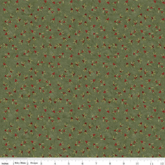 Image of the Naughty and Nice Holly Berries Green quilting cotton fabric by Riley Blake Designs. Features holly on a green background. Cute Little Fabric Shop