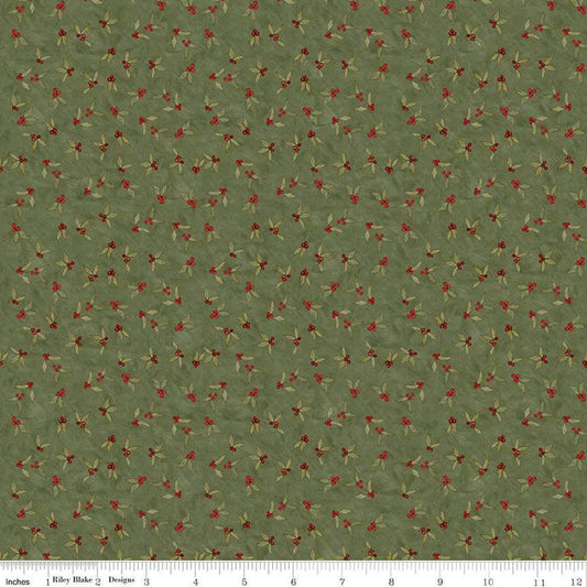Image of the Naughty and Nice Holly Berries Green quilting cotton fabric by Riley Blake Designs. Features holly on a green background. Cute Little Fabric Shop