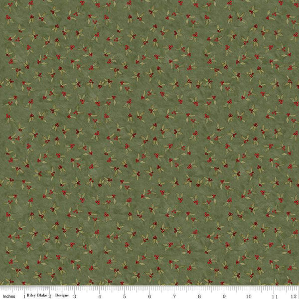 Image of the Naughty and Nice Holly Berries Green quilting cotton fabric by Riley Blake Designs. Features holly on a green background. Cute Little Fabric Shop