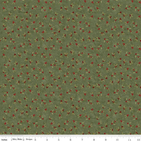 Image of the Naughty and Nice Holly Berries Green quilting cotton fabric by Riley Blake Designs. Features holly on a green background. Cute Little Fabric Shop