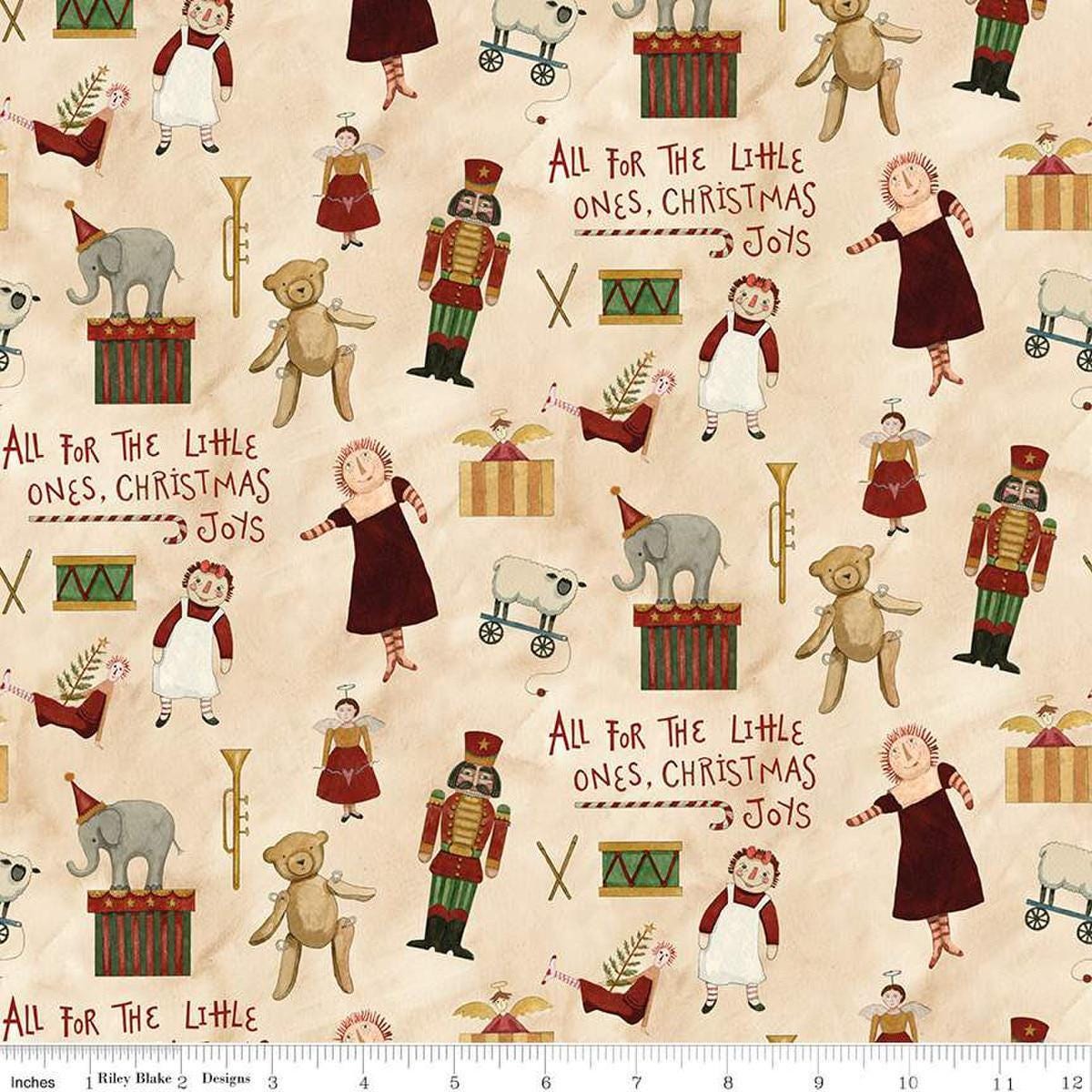 Image of the Naughty and Nice Toys Parchment quilting cotton fabric by Riley Blake Designs. Features toys on a cream background. Cute Little Fabric Shop