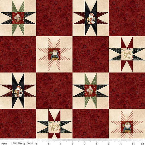 Image of the Naughty and Nice Cheater Print Red quilting cotton fabric by Riley Blake Designs. Features stars on a red background. Cute Little Fabric Shop