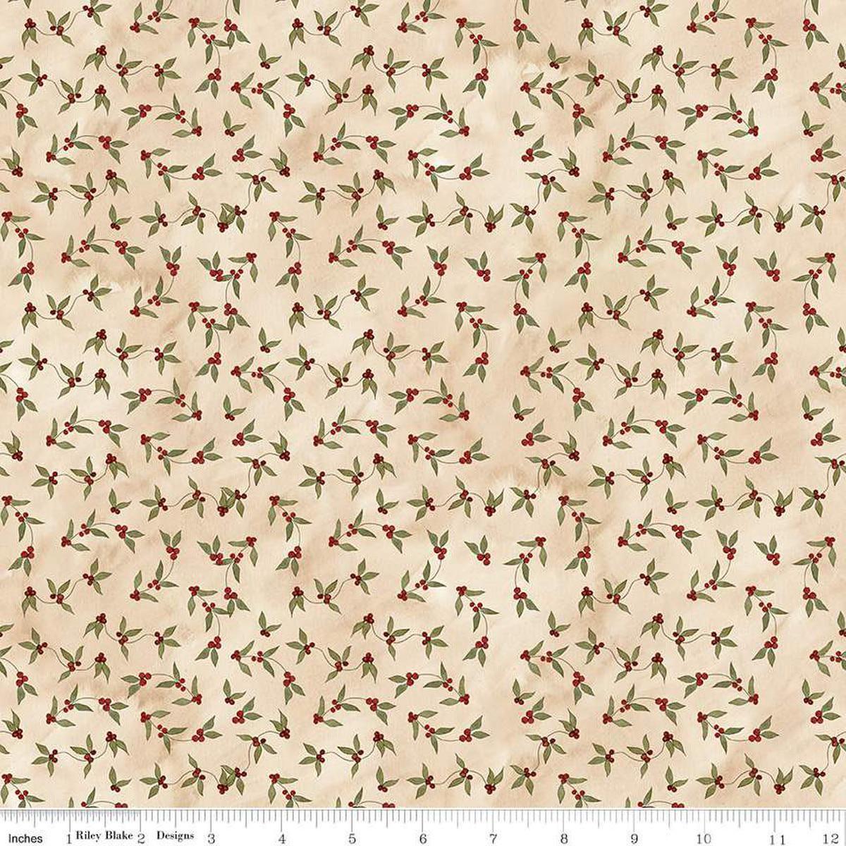 Image of the Naughty and Nice Holly Berries Parchment quilting cotton fabric by Riley Blake Designs. Features holly on a cream background. Cute Little Fabric Shop