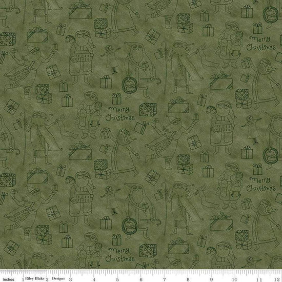 Image of the Naughty and Nice Santas and Gifts Green quilting cotton fabric by Riley Blake Designs. Features gifts on a green background. Cute Little Fabric Shop