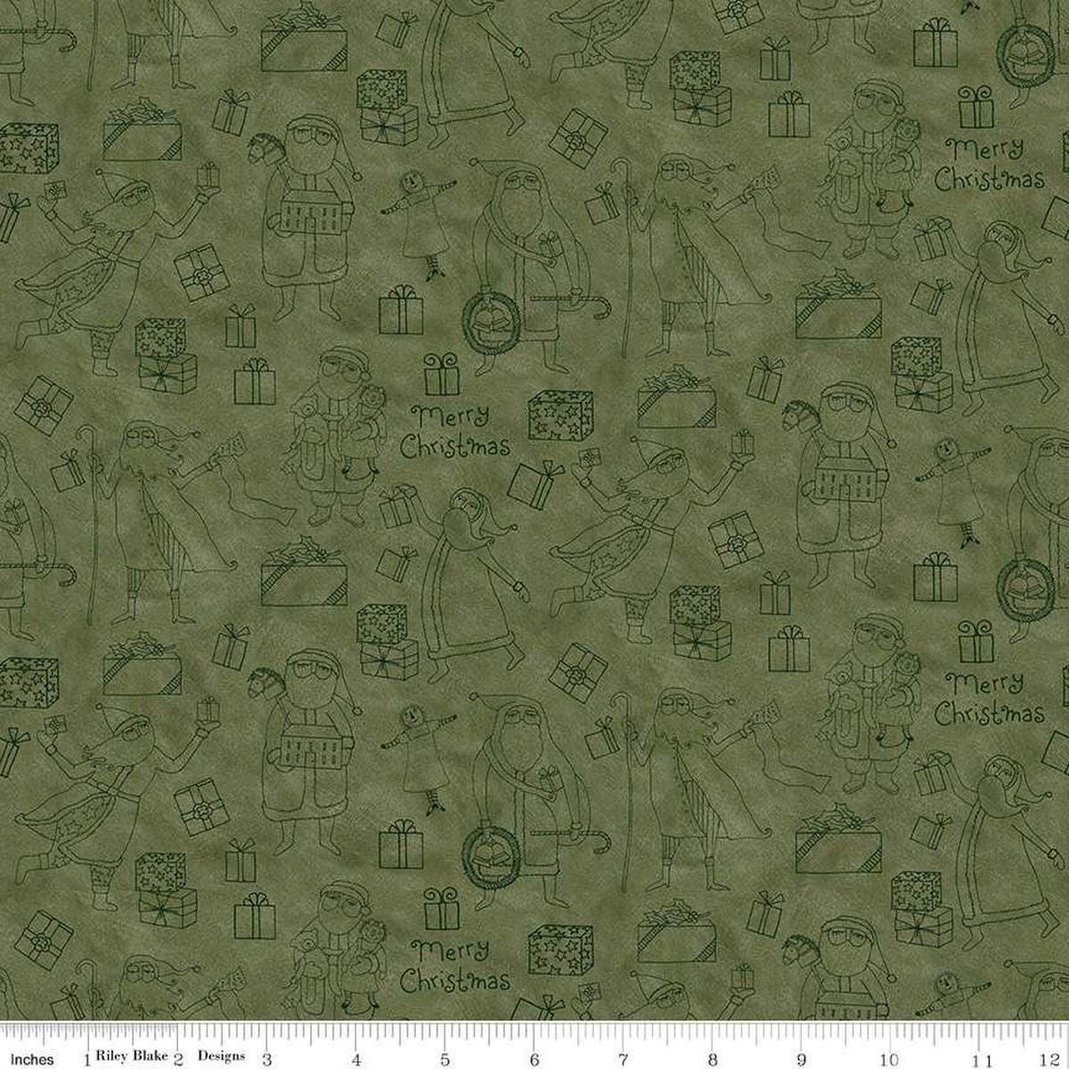 Image of the Naughty and Nice Santas and Gifts Green quilting cotton fabric by Riley Blake Designs. Features gifts on a green background. Cute Little Fabric Shop