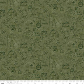 Image of the Naughty and Nice Santas and Gifts Green quilting cotton fabric by Riley Blake Designs. Features gifts on a green background. Cute Little Fabric Shop