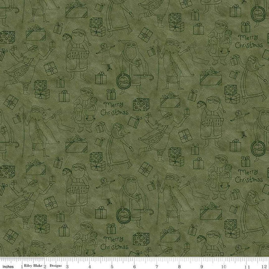 Image of the Naughty and Nice Santas and Gifts Green quilting cotton fabric by Riley Blake Designs. Features gifts on a green background. Cute Little Fabric Shop