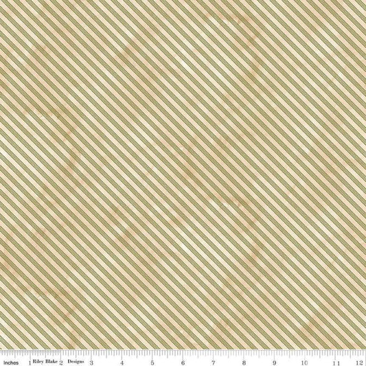 Image of the Naughty and Nice Ticking Green quilting cotton fabric by Riley Blake Designs. Features stripes on a green background. Cute Little Fabric Shop
