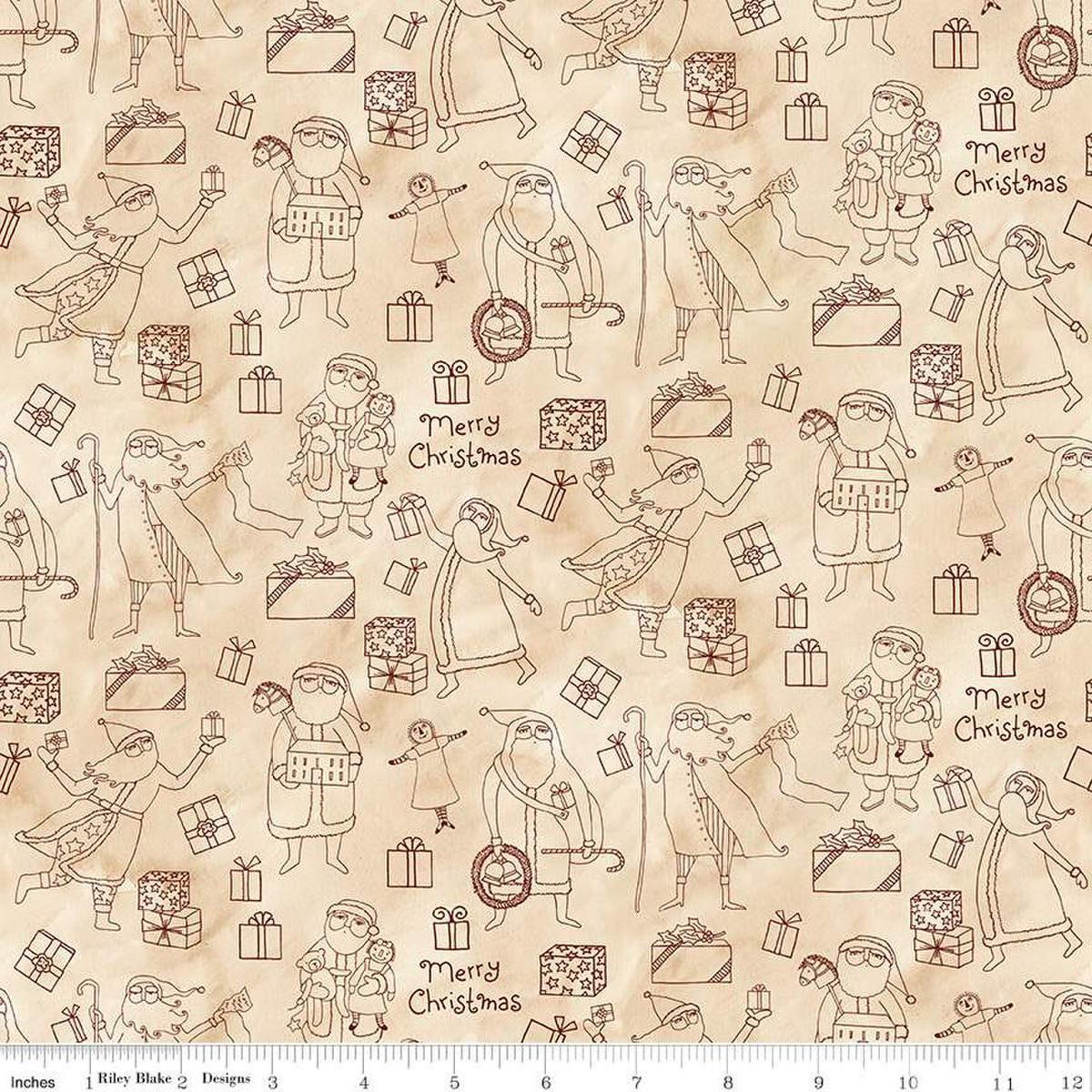 Image of the Naughty and Nice Santas and Gifts Parchment quilting cotton fabric by Riley Blake Designs. Features gifts on a cream background. Cute Little Fabric Shop