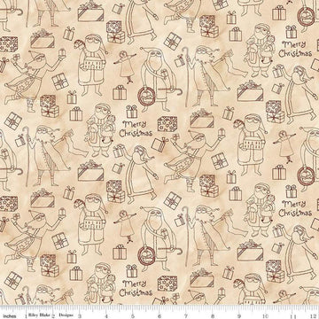 Image of the Naughty and Nice Santas and Gifts Parchment quilting cotton fabric by Riley Blake Designs. Features gifts on a cream background. Cute Little Fabric Shop