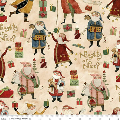 Image of the Naughty and Nice Main Parchment quilting cotton fabric by Riley Blake Designs. Features icons on a cream background. Cute Little Fabric Shop
