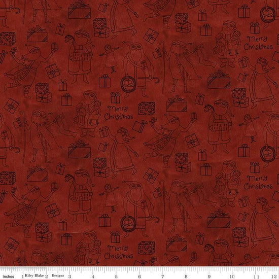 Image of the Naughty and Nice Santas and Gifts Red quilting cotton fabric by Riley Blake Designs. Features gifts on a red background. Cute Little Fabric Shop
