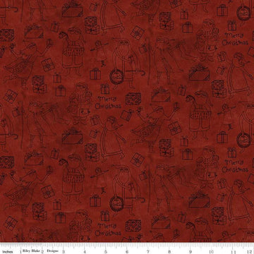 Image of the Naughty and Nice Santas and Gifts Red quilting cotton fabric by Riley Blake Designs. Features gifts on a red background. Cute Little Fabric Shop