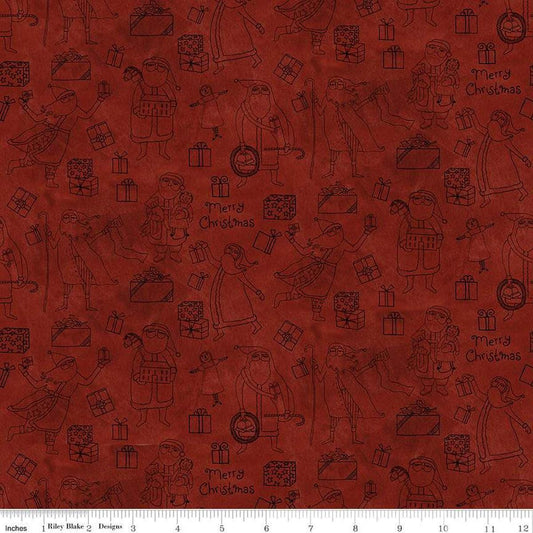 Image of the Naughty and Nice Santas and Gifts Red quilting cotton fabric by Riley Blake Designs. Features gifts on a red background. Cute Little Fabric Shop