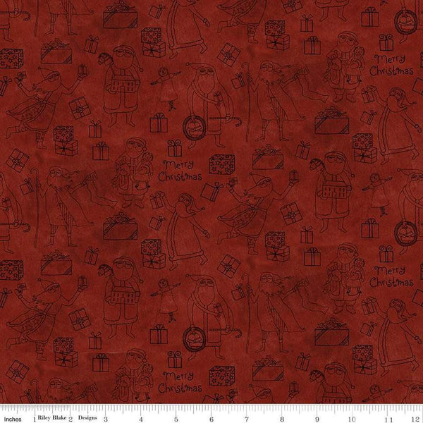 Image of the Naughty and Nice Santas and Gifts Red quilting cotton fabric by Riley Blake Designs. Features gifts on a red background. Cute Little Fabric Shop