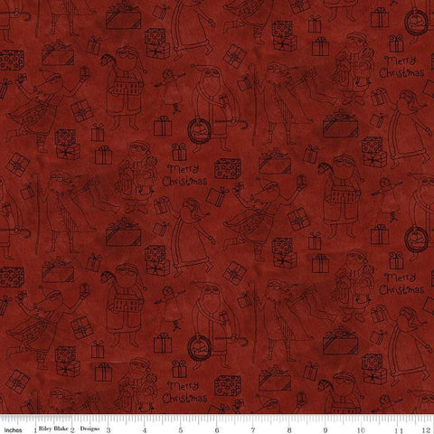 Image of the Naughty and Nice Santas and Gifts Red quilting cotton fabric by Riley Blake Designs. Features gifts on a red background. Cute Little Fabric Shop