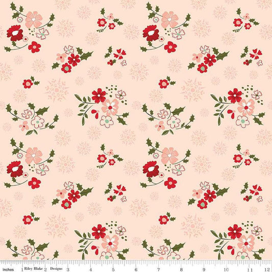 Image of the Glisten Winter Flowers Blush quilting cotton fabric by Riley Blake Designs. features flowers on a pink background. Cute Little Fabric Shop