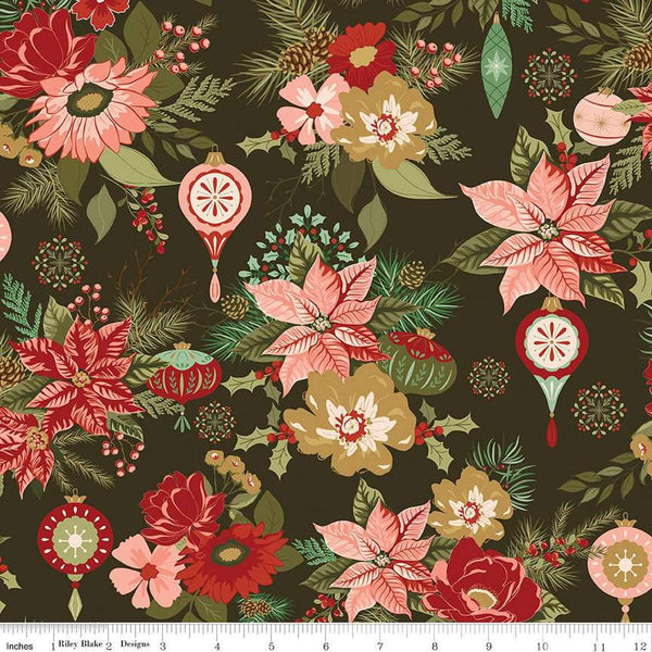 Image of the Glisten Main Mocha quilting cotton fabric by Riley Blake Designs. features flowers on a green background. Cute Little Fabric Shop