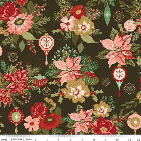 Image of the Glisten Main Mocha quilting cotton fabric by Riley Blake Designs. features flowers on a green background. Cute Little Fabric Shop