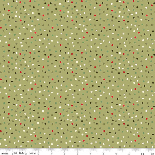 Image of the Glisten Dots Olive quilting cotton fabric by Riley Blake Designs. features dots on a green background. Cute Little Fabric Shop