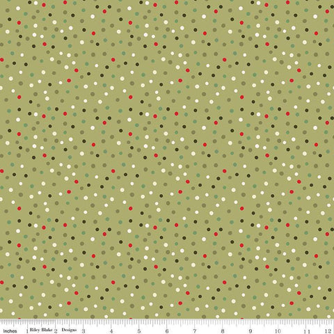 Image of the Glisten Dots Olive quilting cotton fabric by Riley Blake Designs. features dots on a green background. Cute Little Fabric Shop