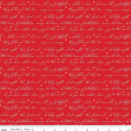 Image of the Glisten Text Red quilting cotton fabric by Riley Blake Designs. features text on a red background. Cute Little Fabric Shop