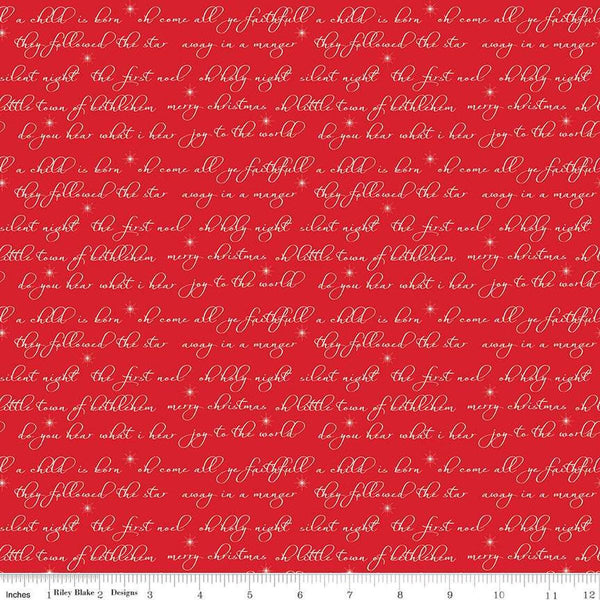 Image of the Glisten Text Red quilting cotton fabric by Riley Blake Designs. features text on a red background. Cute Little Fabric Shop