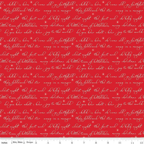 Image of the Glisten Text Red quilting cotton fabric by Riley Blake Designs. features text on a red background. Cute Little Fabric Shop