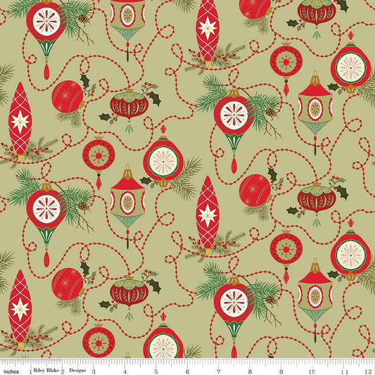 Image of the Glisten Bulbs Olive quilting cotton fabric by Riley Blake Designs. features flowers on a green background. Cute Little Fabric Shop