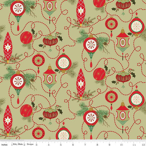 Image of the Glisten Bulbs Olive quilting cotton fabric by Riley Blake Designs. features flowers on a green background. Cute Little Fabric Shop