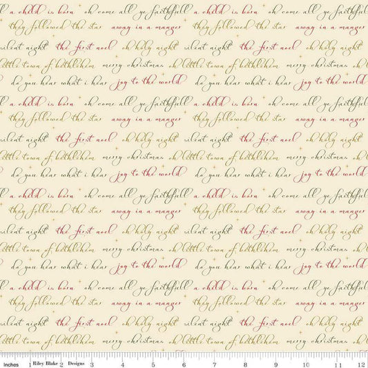 Image of the Glisten Text Eggnog quilting cotton fabric by Riley Blake Designs. features text on a cream background. Cute Little Fabric Shop