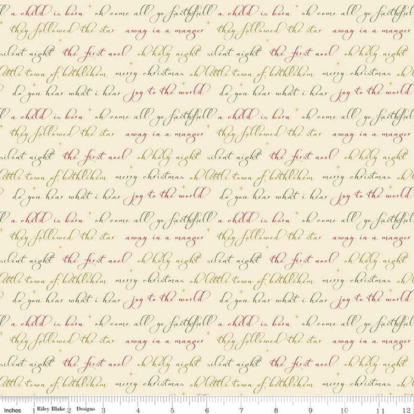Image of the Glisten Text Eggnog quilting cotton fabric by Riley Blake Designs. features text on a cream background. Cute Little Fabric Shop