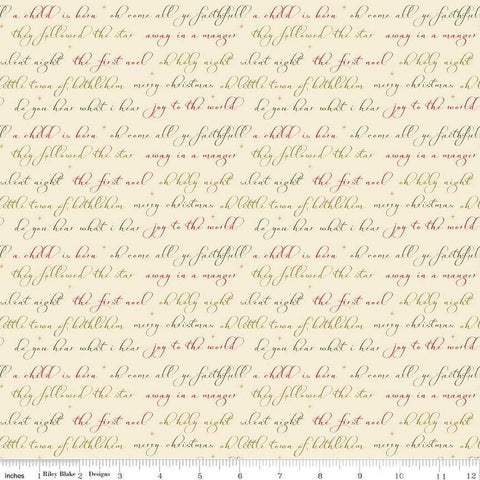Image of the Glisten Text Eggnog quilting cotton fabric by Riley Blake Designs. features text on a cream background. Cute Little Fabric Shop