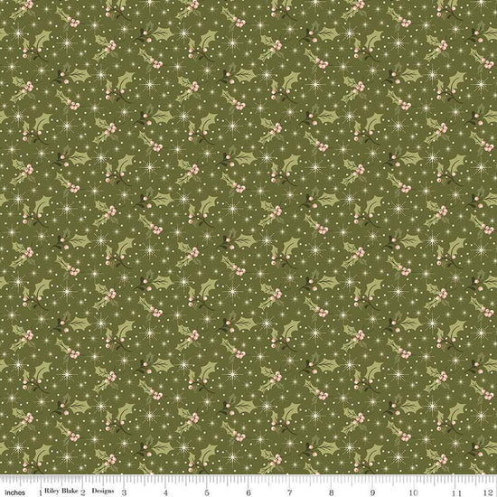 Image of the Glisten Holly Green quilting cotton fabric by Riley Blake Designs. features berries on a green background. Cute Little Fabric Shop