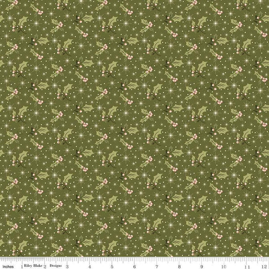 Image of the Glisten Holly Green quilting cotton fabric by Riley Blake Designs. features berries on a green background. Cute Little Fabric Shop