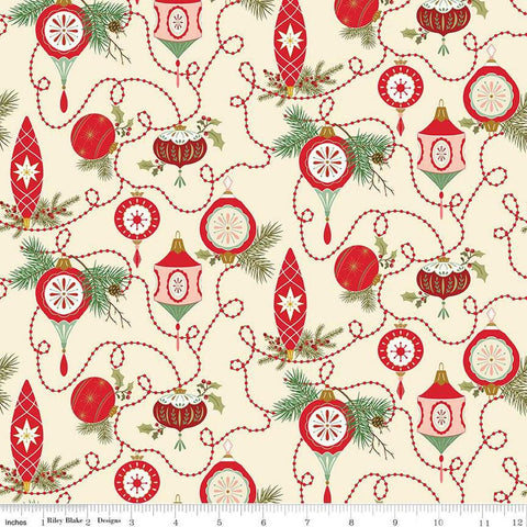 Image of the Glisten Bulbs Eggnog quilting cotton fabric by Riley Blake Designs. features flowers on a cream background. Cute Little Fabric Shop