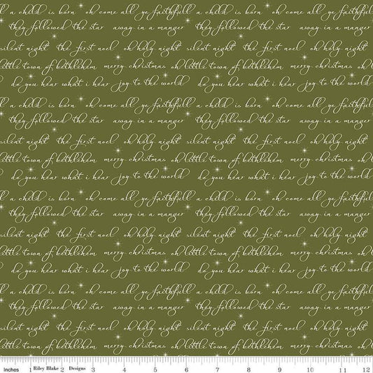 Image of the Glisten Text Green quilting cotton fabric by Riley Blake Designs. features text on a green background. Cute Little Fabric Shop